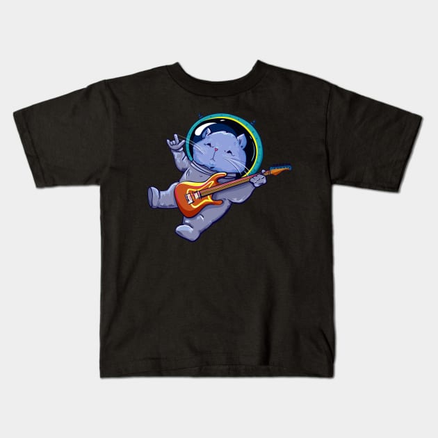 Astronaut Helmet Cat Playing Electric Guitar Space Kids T-Shirt by anubis1986